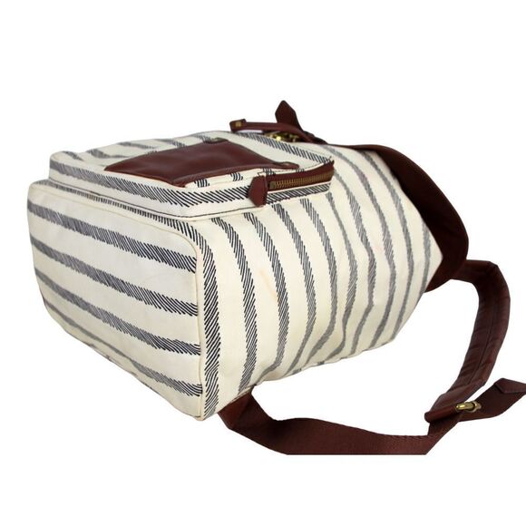 Fossil WHITE GRAY COATED CANVAS BROWN LEATHER TRIM HANDLES SHOULDER BAG BACKPACK - Picture 10 of 16